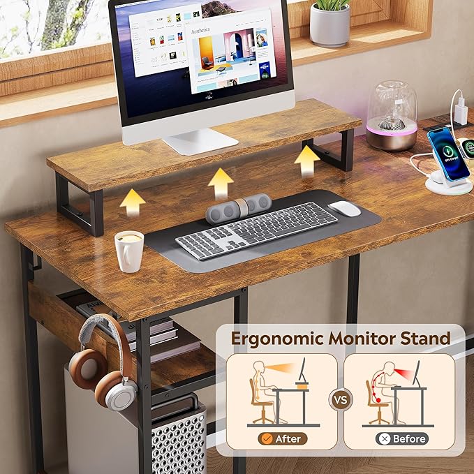 DEVAISE Spacious 55" L Shaped Gaming Desk with LED Lights and Power Outlets - Reversible Corner Computer Table with Monitor Stand and Storage Shelves for Work and Gaming, Rustic Brown