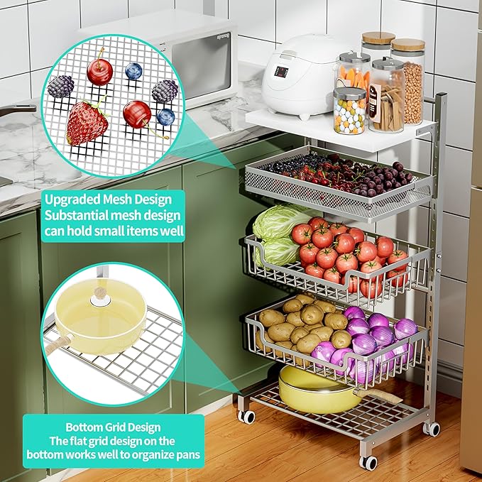 HapiRm Fruit Basket Kitchen Cart - 5 Tier Adjustable Vegetable Storage Rack, Large Capacity Rolling Kitchen Carts on Wheels for Snack Onion and Potato Storage
