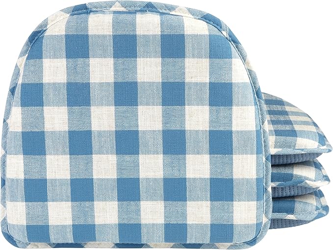 Klear Vu The Gripper Non-Slip Linen Check Dining Kitchen Chair Pads, 15" x 16" x 2", Set of 4, Liza Check Blue