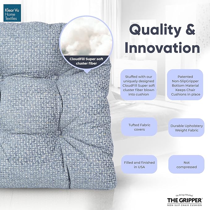 Klear Vu Gripper Overstuffed Universal Non-Slip Dining Chair Cushions for Kitchen Decor or Office Use, U-Shaped Skid-Proof Seat Pad, 15x15 Inches, 4 Count (Pack of 1), Waffle Delft Blue