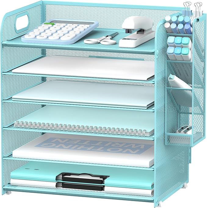 SUPEASY 6 Tier Paper Organizer with 4 Pen Holders, Mesh Letter Tray with Handle, A4 File Organizer, Blue