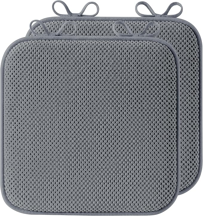 puredown® Chair Cushions for Dining Chairs, Set of 2 Memory Foam Seat Cushions with Non-Slip Backing & Ties, 16" x 16" x 1.5", Comfortable & Supportive Dining Chair Pads for Kitchen, Grey