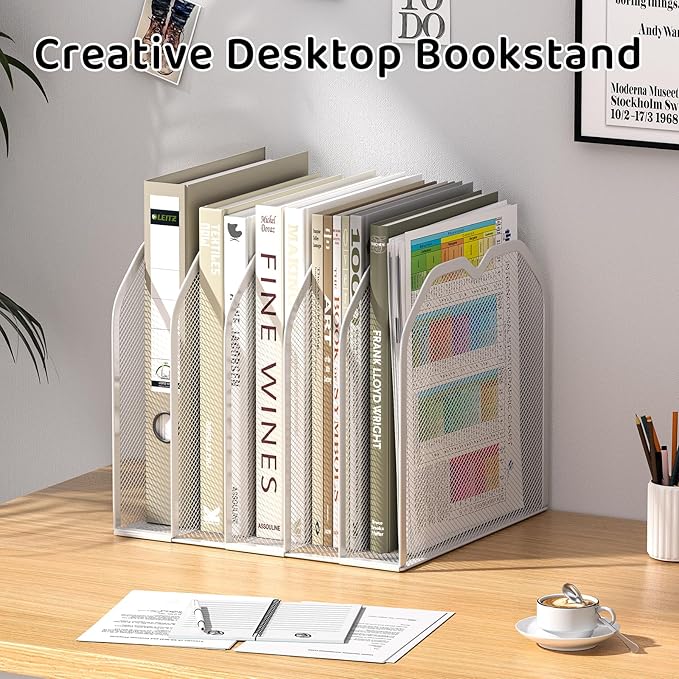 FANXIYQ White 5-Section File Folder Organizer for Desk – 8.5"×9.3" Metal Vertical File Holder, Desktop File Organizer Vertical Stand, Letter/A4 Upright File Sorter