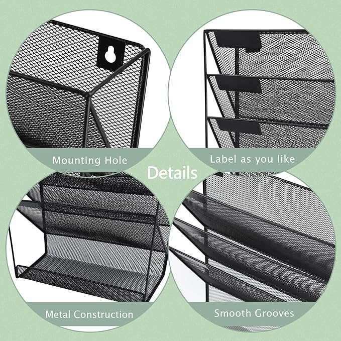3 Pockets Mesh Wall File Holder Organizer with Bottom Flat Tray, Office Hanging File Folder Magazine Rack, Nametag Label Hooks Set Included, Black