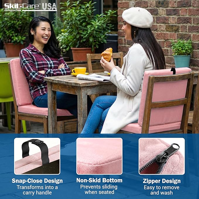 Skil-Care Seat Buddy Portable Seat Cushion, Foldable Chair Cushions with Non-Slip Bottom for Office Chair, Recliner Chair, Stadium Seats, Wheelchair, Travel, 16"x16", Pink Cozy Cloth, 914353