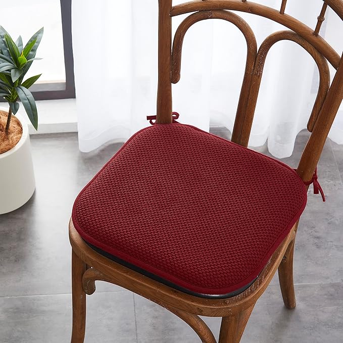 Elegant Comfort 4 Pack Chair Cushion Covers - Skid-Proof Rubber Backing - 16 x 16 Inch - Thick Dining Square Shape Seat Covers - Comfortable Textured Chair Pads with Ties - Honeycomb Pattern, Burgundy
