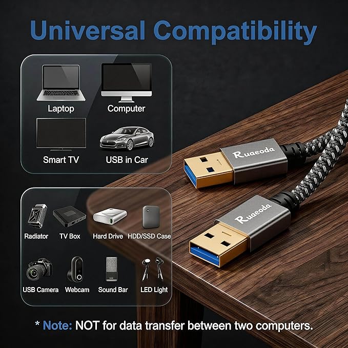 USB to USB Cable 10 ft, USB 3.0 Male to Male Type A to Type A Double Sided USB Cord for Data Transfer Compatible with Hard Drive, Laptop, DVD Player, TV, USB 3.0 Hub, Monitor and More