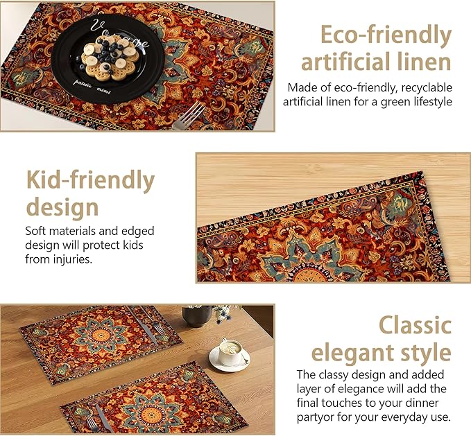 Linen Placemats Set of 6, Fall Boho Carpet Orange Brown Washable Table Mats 12x18 Inch, Heat Resistant Non Slip Placemats for Dining Table Kitchen Everyday Use