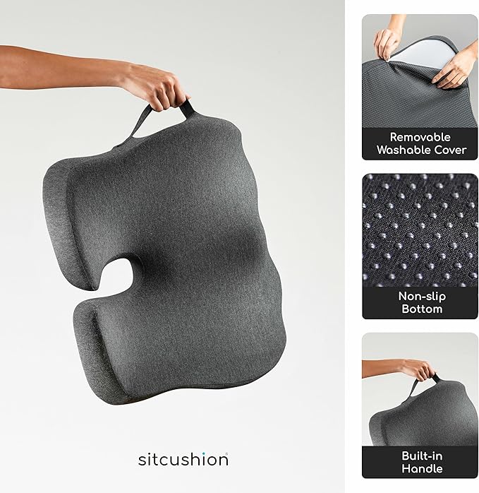SitCushion X Large Office Chair Cushion for Sciatica Pain Relief, Memory Foam Seat Cushion for Car Seat Pad, Orthopedic Pillow. Computer Chair Cushion for Tailbone Pain Relief All Day Comfort (Gray)