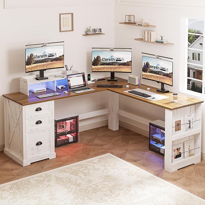 Lareth Executive L Shaped Desk with Monitor Stand, 59 inch Farmhouse Corner Computer Desk with Power Outlets & LED Lights, Home Office Desk with File Cabinet for Working Gaming Writing, White