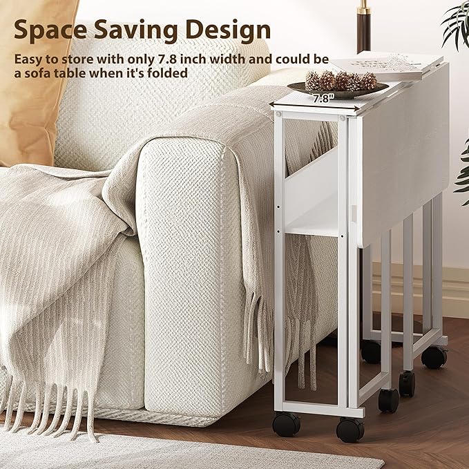 Folding Desk Small Rolling Desk with Storage Shelf,31.5 Inch Foldable Computer Table with Wheels,Portable Office Desk for Small Space Sofa Table,Easy to Fold,Writing Work Office Computer Desk,White