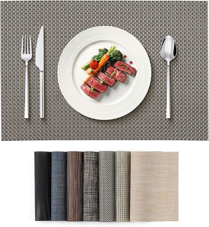 Heat Resistant Woven Vinyl Placemats, PVC Polyester Blend, 17.72x11.81 Inches, Gold and Gray, Set of 4, Non-Slip Stain Resistant Kitchen Table Mats
