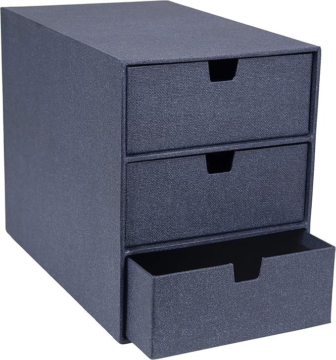 Bigso Box of Sweden Ingrid 3-Drawer Fiberboard Desk Organizer for Office Supplies and Accessories - Stackable Makeup Drawer Organizer - 6.3in x 9.9in x 8.1in - Blue