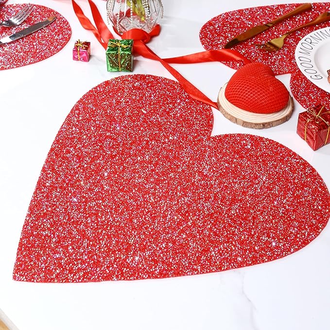 Red Heart Rhinestones 15 Inches Table Mat Valentines Day Decoration Placemat for Centerpiece Dining Table Love Home Family Together Gifts for Her
