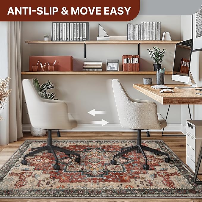 48"x72" Office Chair Mat for Hardwood Tile Floor, Under Desk Carpet Protector for Rolling Computer Chair Mat, Machine Washable Area Rug, Anti-Slip 1/5" Thick Low Pile Thin Vinyl Floor Mat, Annatto