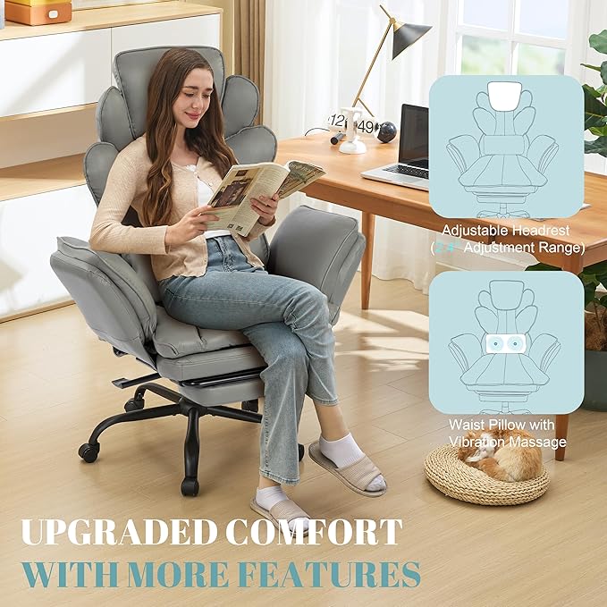 Flip Armrests Criss Cross Office Chair, Reclining Office Chair with Foot Rest, Adjustable Headrest, Massage Waist Pillow, Cross Legged Big and Tall Desk Chair Wide Seat Vanity Chair, PU Leather Grey