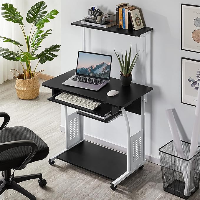 Topeakmart 3 Tier Computer Desk with Printer Shelf and Keyboard Tray, Home Office Desk Computer Workstation Rolling Study PC Laptop Table for Small Spaces Black
