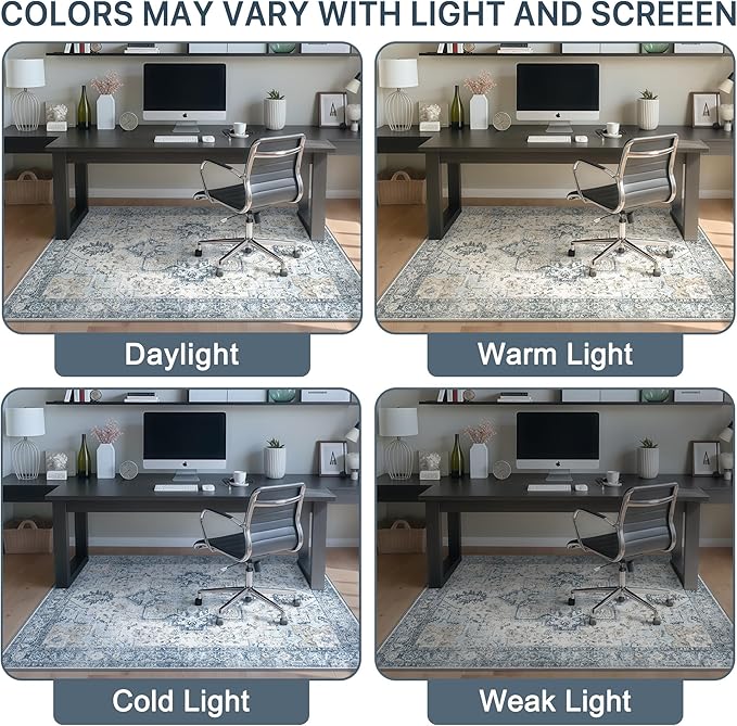 60"x60" Office Chair Mat for Hardwood Tile Floor, Under Desk Carpet Protector for Rolling Computer Chair Mat, Machine Washable Round Area Rug, Anti-Slip 1/5" Thick Low Pile Thin Floor Mat, Blue