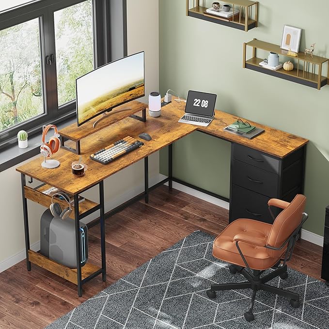 DEVAISE 60 Inch L Shaped Gaming Desk with Drawers and Storage, Corner Desk with LED Lights, Power Outlets, Computer Desk with Monitor Stand, Office Desk for Home, Rustic Brown