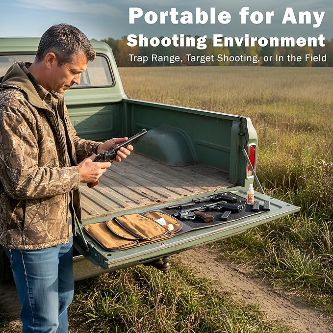 Rush Creek Creations 29" x 10" Portable Gun Cleaning Mat for Pistols and Handguns, Heavy-Duty Shooting/Pistol Cleaning Mat with Waxed Canvas and Soft Wool Interior, Brown