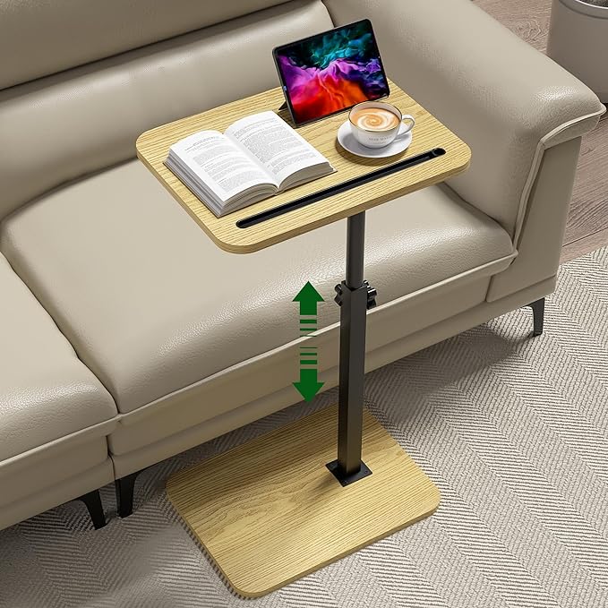 TV Tray Side Table for Sofa - 360° Swivel Adjustable Height Rotating Couch Table C Table End Table Laptop Desk with Phone & Tablet Slot, Perfect for Eating Working Reading, Fits Small Spaces