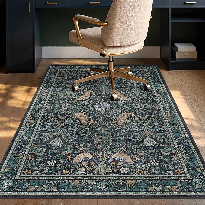Traditional Blue Washable 4x5 Blue Office Chair Mat for Hardwood Floors, Anti-Slip Floor Protector for Computer Chair with Bird Pattern, Low Pile Carpet for Rolling Chair, Botanical Stain Resistant