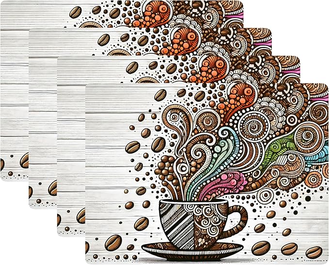 Set of 4 Cork Backed Placemats, Kitchen and Dining Table Decoration Design Hard Placemat 12" x 16" (Coffee Art)