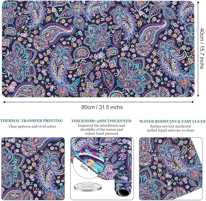 Mouse Pad Paisley Floral, Desk Mat for Desktop, Boho Flowers Desk Pad Extended XXL Large Gaming Mouse pad Anti-Slip with Stitched Edges Waterproof Computer Laptop Keyboard Desk Mat for Women Girls