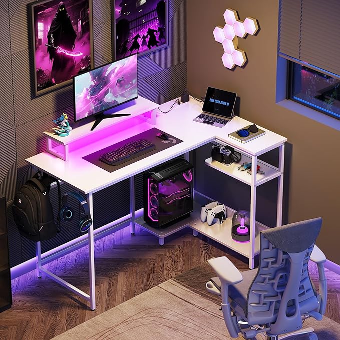 DEVAISE 47" L Shaped Gaming Desk with LED Lights and Power Outlets - Spacious Corner Computer Table with Monitor Stand and Storage Shelves for Work and Gaming, White
