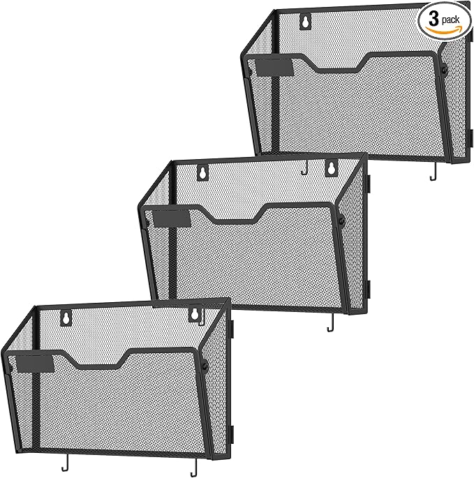 Docnest 3 Pack Metal Mesh Wall File Holder, Hanging Document Organizer with Hooks, Wall Mounted Mail Sorter for Office Home School, Black