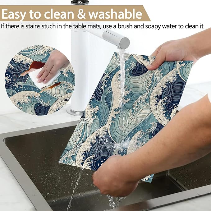 Japanese Waves Placemats Set of 6 Linen Table Mats, 12x18 Inch Washable Placemats for Dining Table, Non Slip Heat Resistant Mats for Kitchen Home Decor