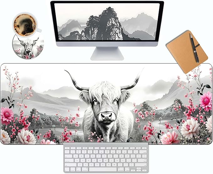 Extended Large Mouse Pad 31.5 x 11.8 Inches – AiLiTeck Premium Desk Mat Mousepad with Stitched Edges, Waterproof, Non-Slip Rubber Base for Office Home, Includes Coaster–Highland Cow Floral