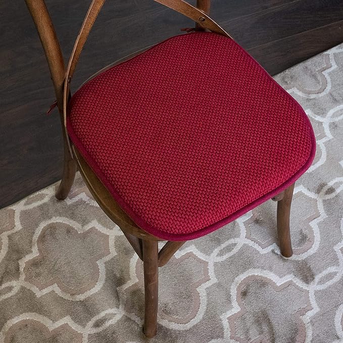 Sweet Home Collection Chair Cushion Memory Foam Pads with Ties Honeycomb Pattern Slip Non Skid Rubber Back Rounded Square 16" x 16" Seat Cover, 12 Pack, Red 12 Pack