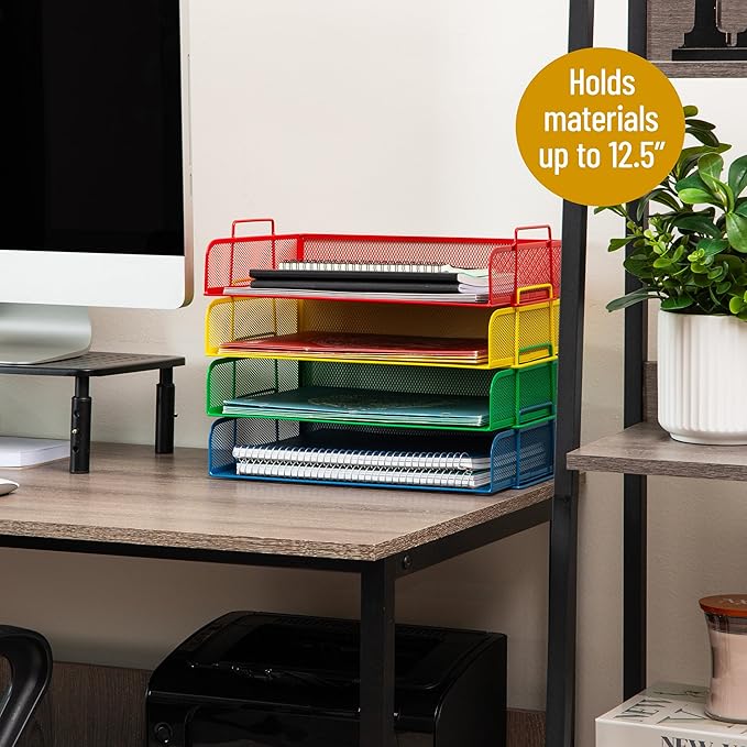 Mind Reader Stackable Paper Tray, Classroom Organizer, File Storage, Teachers, Metal Mesh, 4 Pcs., Multi-Colored
