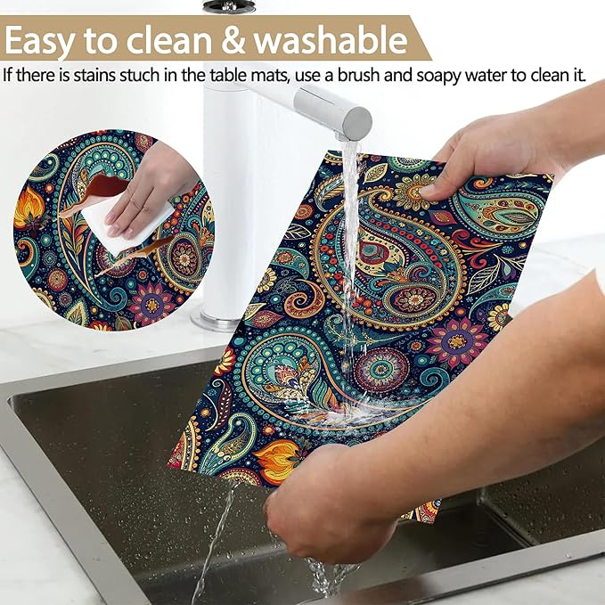 Placemats Set of 6, Indian Vintage Paisley Pattern Blue Linen Placemats 12x18 Inch, Heat Resistant Table Mats, Washable Non Slip Place Mats for Dining Table Kitchen Home