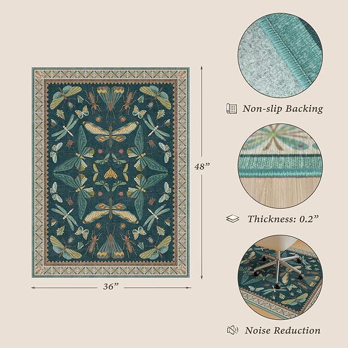 JTJ 3'x4' Teal Office Chair Mat for Hardwood Floors, Insect Boho Design,Non-Slip Low Pile Desk Rug, 36"x48" Small Area Rug for Computer Desk Home Office, Machine Washable WFH Essential for Dorm Room