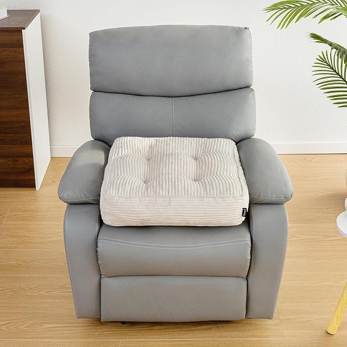 HIGOGOGO Tufted Corduroy Recliner Seat Cushion for Elderly, 20x20x5 Inch Large Square Seat Cushion for Recliner Chair, Floor Pillow, Office Chair, Car, No Pressure on Thighs, Beige
