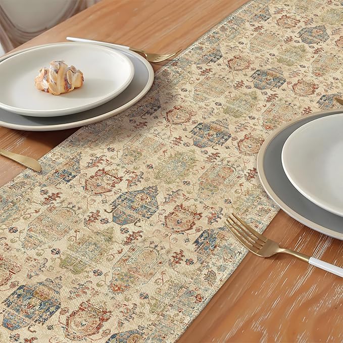 Boho Floral Beige Table Runner,Vintage Elegant Farmhouse Table Center Linen Decor,Country Rustic Farmhouse Magical Fall Kitchen Dining Table Decoration for Home Dining Party Decor 13x72 Inch