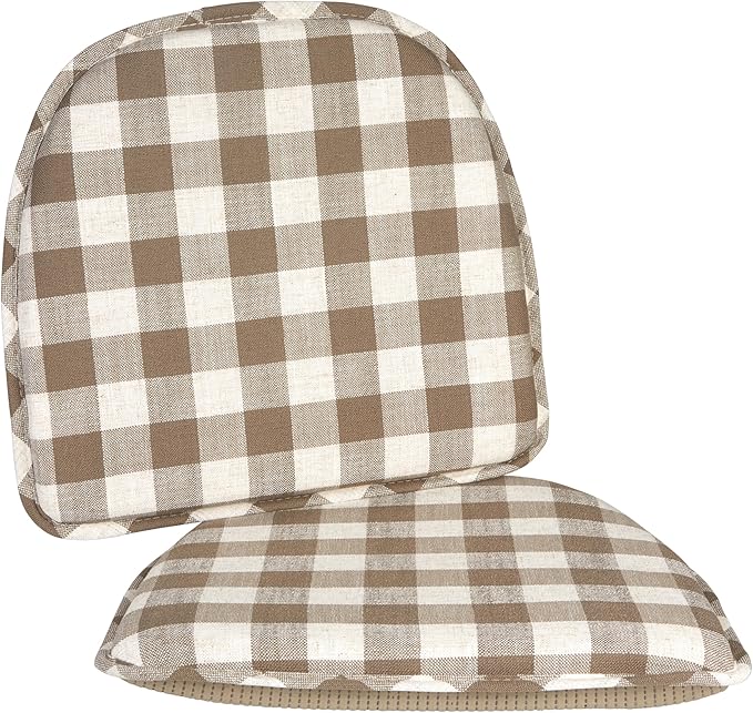 Klear Vu The Gripper Non-Slip Linen Check Dining Kitchen Chair Pads, 15" x 16" x 2", Set of 2, Liza Check Taupe