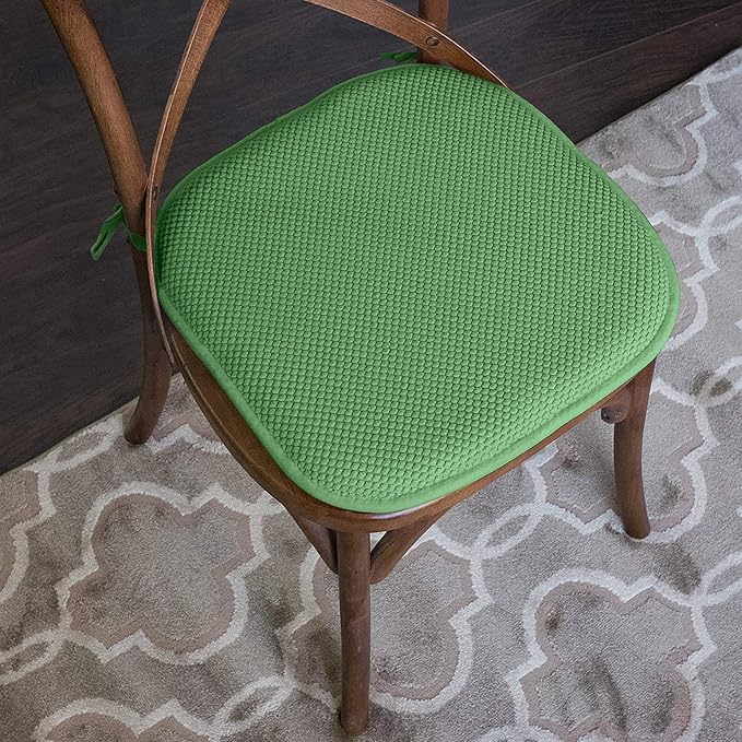 Sweet Home Collection Chair Cushion Memory Foam Pads with Ties Honeycomb Pattern Slip Non Skid Rubber Back Rounded Square 16" x 16" Seat Cover, 12 Pack, Green 12 Pack