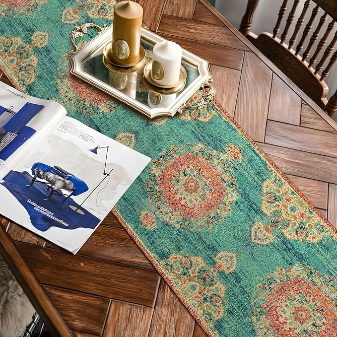 Boho Green-Red Table Runner,Vintage Elegant Farmhouse Table Center Linen Decor,Country Rustic Farmhouse Magical Fall Kitchen Dining Table Decoration for Home Dining Party Decor 13x108 Inch
