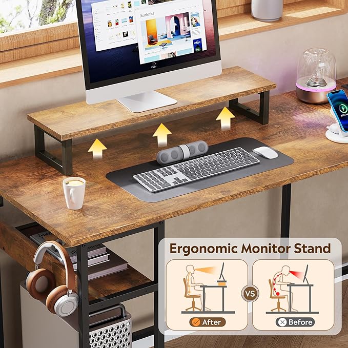 DEVAISE Full-Size 60" L Shaped Gaming Desk with LED Lights and Power Outlets - Reversible Corner Computer Table with Monitor Stand and Storage Shelves for Work and Gaming, Rustic Brown