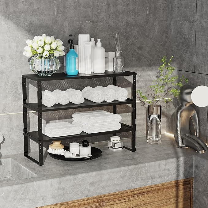 Jojocross Expandable Adjustable Stackable Kitchen Organizer, Spice Rack,Metal Pantry Storage Shelves Racks,Counter Shelf for Cabinets, Countertop, Cupboard(1 Pack/Medium/Black)