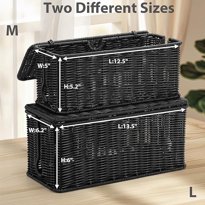 Large Cable Management Box, Handwoven Imitation Rattan Cord Organizer Cord Hider Box, Desk Cord Management Box to Hide Cords and Power Strips, 13.5" L x 6.2" W x 6" H, 1Pack Black