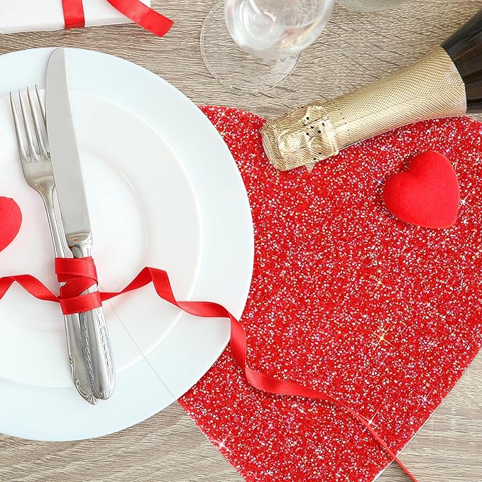 Red Heart Rhinestones 15 Inches Table Mat Valentines Day Decoration Placemat for Centerpiece Dining Table Love Home Family Together Gifts for Her