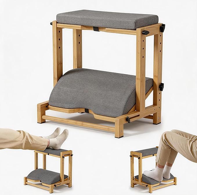 Double Step Under Desk Foot Rest - Adjustable 4-Height Wooden Foot Stool with Ergonomic Cushion for Office, Gaming & Study - Ergonomic Support for Improved Posture