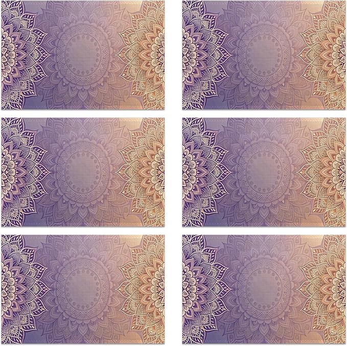 Linen Placemats Set of 6, Mandala Floral Orange Washable Table Mats 12x18 Inch, Heat Resistant Non Slip Placemats for Dining Table Kitchen Everyday Use
