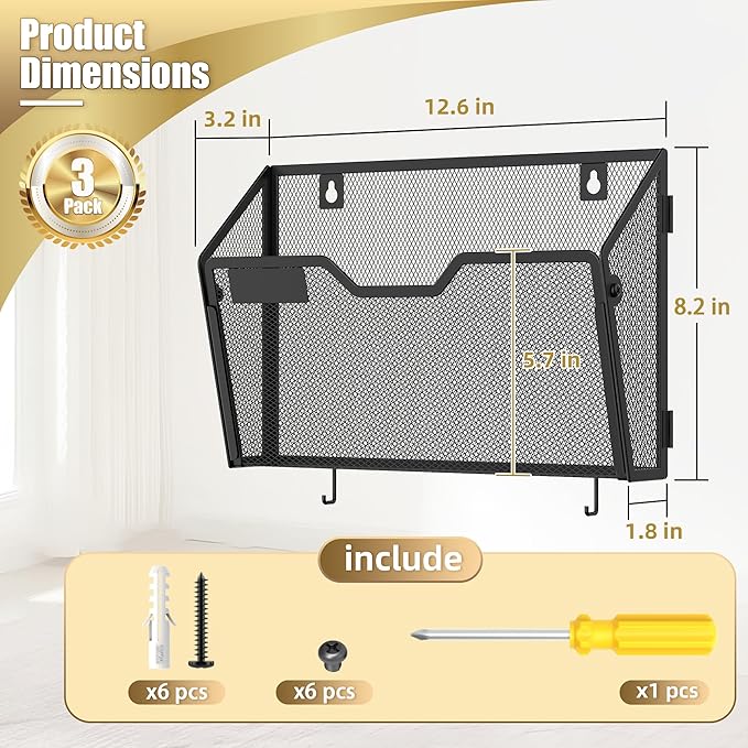 Docnest 3 Pack Metal Mesh Wall File Holder, Hanging Document Organizer with Hooks, Wall Mounted Mail Sorter for Office Home School, Black