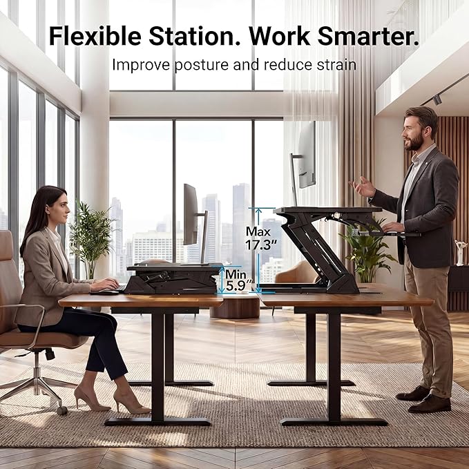 HUANUO 36" Z Shaped Stable Standing Desk Converter, Height Adjustable Sit Stand Up Desk Riser, Dual Monitor and Laptop Workstation with Wide Keyboard Tray, Desk Lifter for Home Office,Black