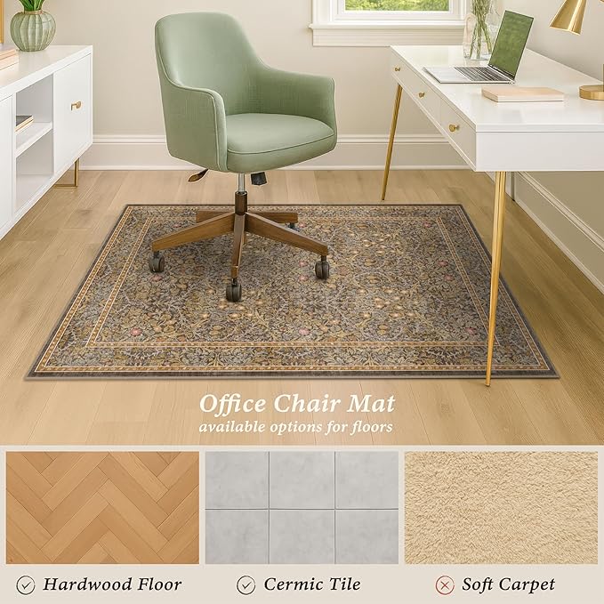 Vintage Gold Brown Office Chair Mat for Hard Wood & Tile Floors, 48x60 Non-Slip Ultra Soft Low Pile Under Desk Rug, Floor Protector for Heavy Duty Office Chair, Machine Washable, Taupe